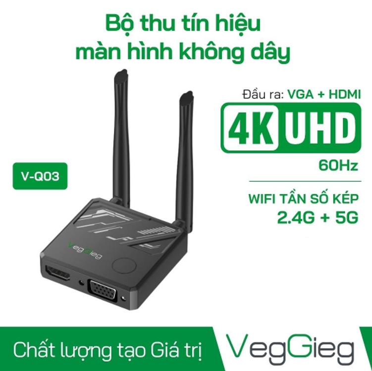 Bộ Thu Tín Hiệu HDMI/VGA Không Dây VEGGIEG V-Q03 | Tương Thích iOS, Android, Windows, macOS: Chỉ cần cắm và chạy (Plug & Play) | Sóng WiFI: 2.4G + 5G | Khoảng cách truyền: 20 mét | Đầu vào: USB-C | Đầu ra: HDMI + VGA; 12T