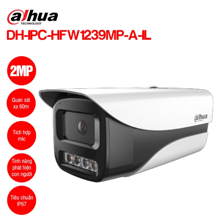 Camera IP 2MP DAHUA DH-IPC-HFW1239MP-A-IL | Camera IP chiếu sáng kép thông minh 2MP | Tầm xa đèn hồng ngoại 60m, đèn LED chiếu sáng 30m | Tính năng AI phát hiện con người | Tích hợp MIC | Hỗ trợ ONVIF | Hỗ trợ P2P, tên miền SmartDDNS miễn phí | Tiêu chuẩn chống nước IP67; 24T