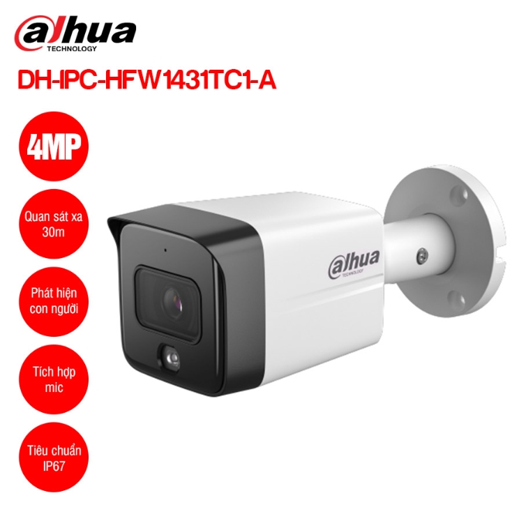 Camera IP 4MP DAHUA DH-IPC-HFW1431TC1-A-VN | Cố định ngoài trời 4.0MP | Ống kính cố định 3.6mm (87°) | Tầm xa đèn LED 30m | Tích hợp mic | Tính năng Phát hiện con người | Hỗ trợ tiêu chuẩn IP67; 24T