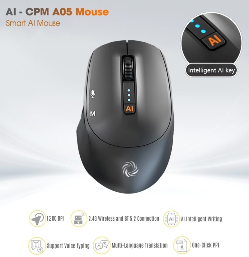 Chuột thông minh AI Coolerplus A05 | Kết nối Wireless 2.4G + Bluetooth 5.0 | Sạc	Giao diện Type-C, Sạc PIN Lithium | Độ bền	10 triệu lượt Click | Chức năng chính: Đánh văn bản bằng giọng nói, Mở nhanh và Chat GPT bằng giọng nói, Dịch giọng nói ra văn bản, Dịch hình ảnh ra văn bản, Tìm kiếm Google bằng giọng nói; 12T