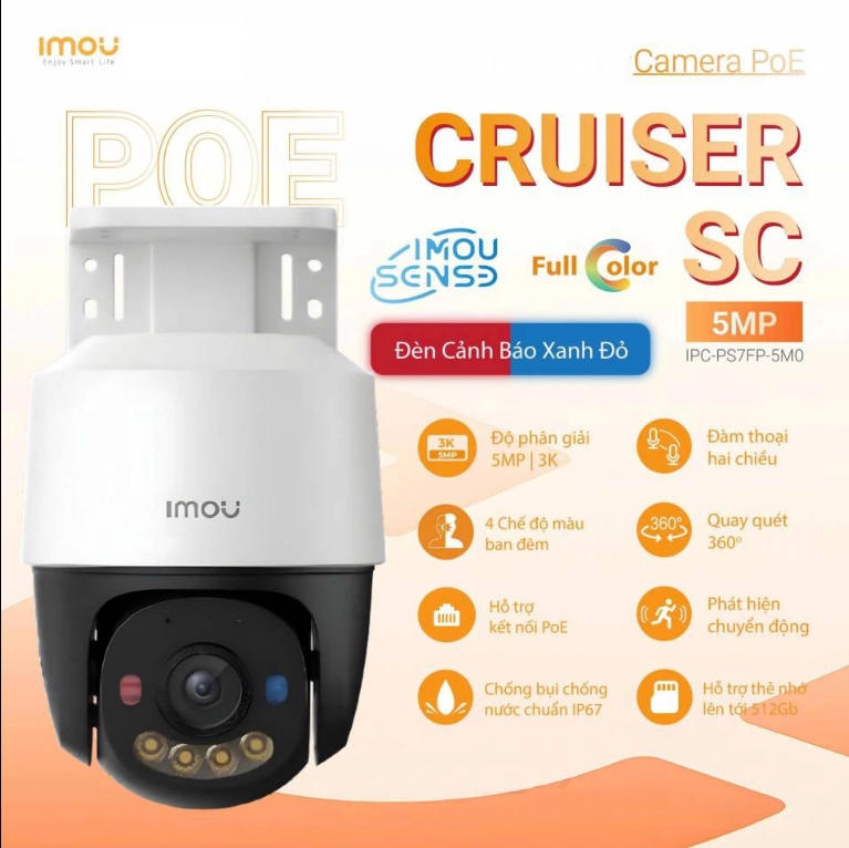Camera Imou PoE PT 5MP IMOU IPC-PS7FP-5M0 | Quay quét 360° Giám sát toàn cảnh | 5.0MP | Nhìn đêm 30m Quan sát tốt ban đêm | Đàm thoại 2 chiều Nghe và nói từ xa | Phát hiện người Giảm báo động giả | Cảnh báo chủ động Đèn và còi răn đe; 24T