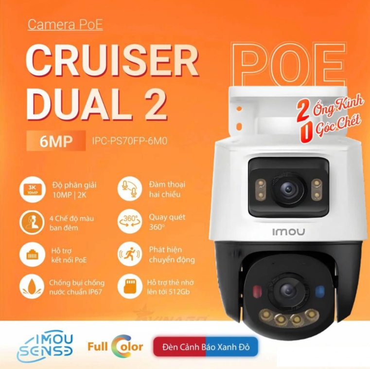 Camera Imou PoE PT 2 ống kính 6MP IMOU IPC-PS70FP-6M0 | Quay quét 360° | 6MP | Nhìn đêm 30m, Quan sát rõ ràng trong bóng tối | Đàm thoại 2 chiều, Nói và nghe trực tiếp qua camera | AI nhận diện thông minh, Phân biệt người, phương tiện, giảm cảnh báo giả | Cảnh báo chủ động, Đèn và còi báo khi phát hiện xâm nhập; 24T