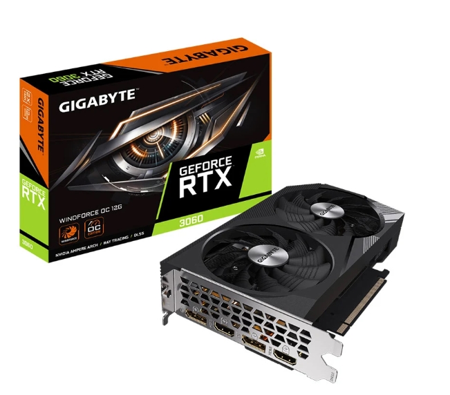 VGA GIGABYTE 3060 WINDFORCE OC 12GB (GV-N3060WF2OC-12GD) | 2 Fan | Dung lượng bộ nhớ: 1‎2GB GDDR6 | Core Clock: 1792 MHz (Reference Card: 1777 MHz) Băng thông: 192-bit | Kết nối: DisplayPort 1.4a *2, HDMI 2.1 *2 | Nguồn yêu cầu: 5‎50W; 36T