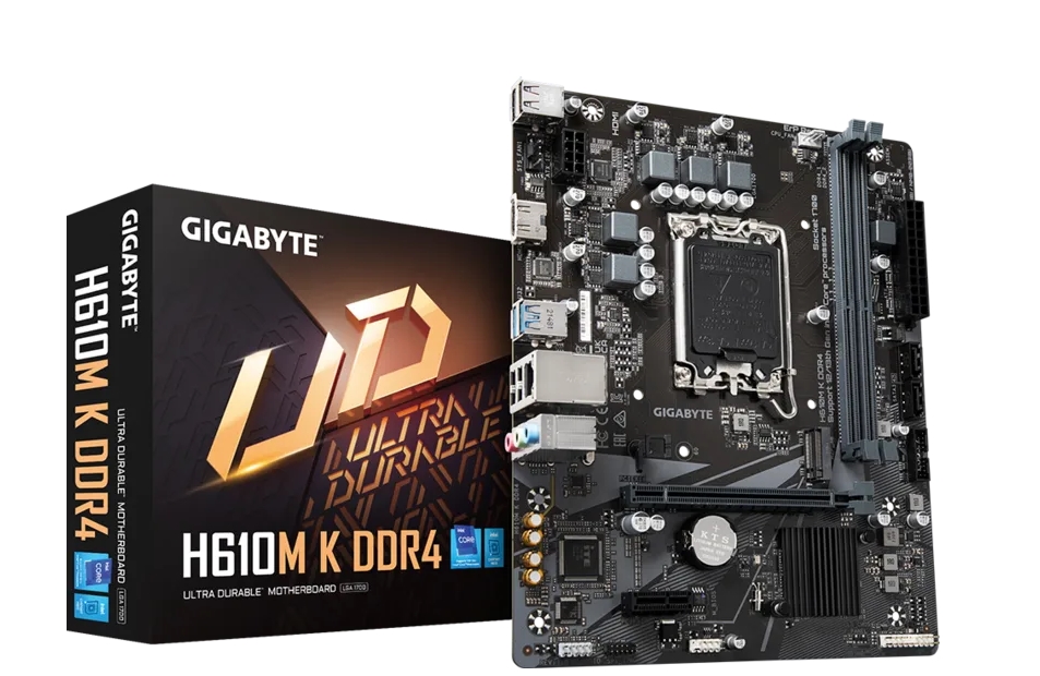 Mainboard Gigabyte H610M K DDR4 | Socket: LGA1700 hỗ trợ CPU Intel thế hệ thứ 12, 13 và 14 | Khe cắm RAM: 2 khe (Tối đa 64GB) | Khe cắm mở rộng: 1 x PCI Express x16 slot, 1 x PCI Express x1 slot, supporting PCIe 3.0 and running at x1 | Khe cắm ổ cứng: 1 x M.2 connector, 2 x SATA 6Gb/s connectors; 36T