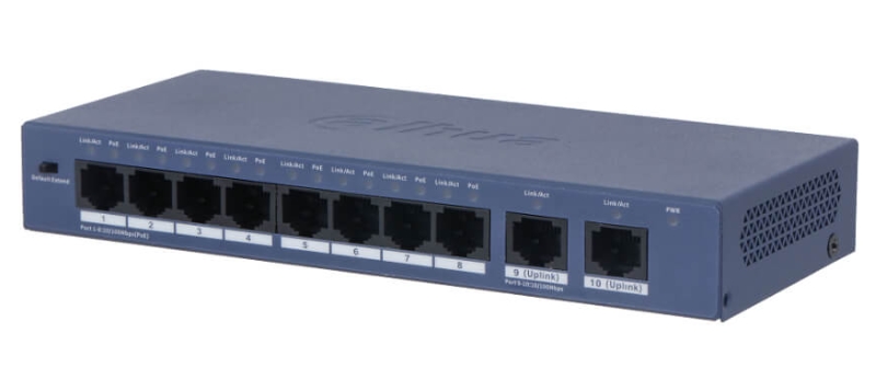 Switch PoE 8 cổng DAHUA DH-S3010-8ET2ET-60 | 8 cổng PoE 10/100Mbps  + 2 cổng uplink Gigabit 1000Mbps | Hỗ trợ mở rộng đường truyền PoE lên đến 250m với cáp Cat6 | Tổng công suất PoE 60W cho nguồn ổn định và đủ dùng | Hoạt động bền bỉ trong nhiệt độ từ -10°C đến 55°C; 24T