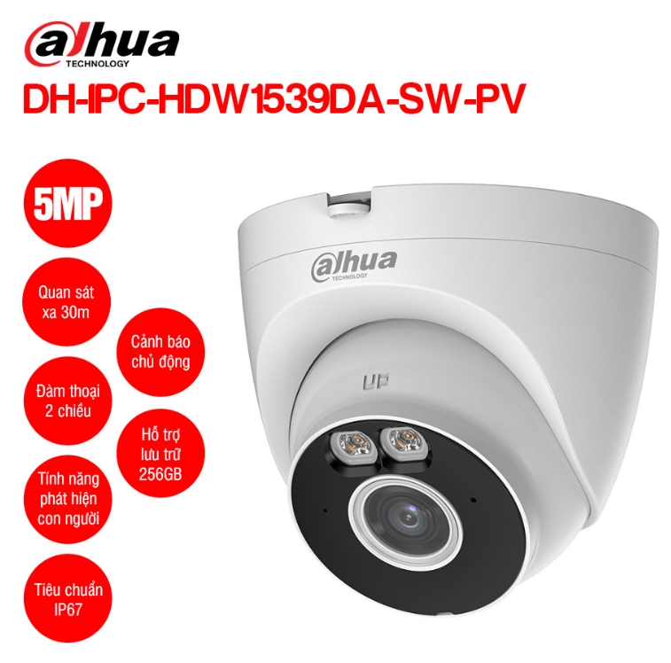 Camera Wifi Turret 5MP DAHUA DH-IPC-HDW1539DA-SW-PV | 5M | Công nghệ ánh sáng kép thông minh IR và Warm Light | Tính năng Phát hiện con người (Human Detection) | Tích hợp mic và loa, hỗ trợ đàm thoại 2 chiều, cảnh báo chủ động | Hỗ trợ 3 chế độ quan sát ban đêm (IR mode, Light mode, Smart Illuminators); 24T