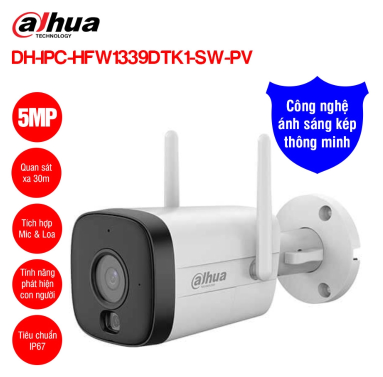 Camera Wifi 5MP Dahua DH-IPC-HFW1539DTK1-SW-PV | 5M | Smart Dual Light: Ánh sáng trắng/IR, màu ban đêm | AI Thông Minh: Phát hiện người/xe, ít báo giả | Đàm Thoại Hai Chiều: Mic/loa tích hợp tiện lợi | Còi Đèn Cảnh Báo: Răn đe trộm cắp tức thì | Chống Nước IP67: Bền bỉ ngoài trời mưa nắng; 24T