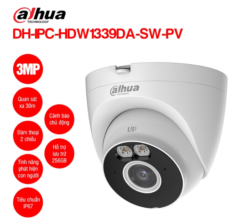 Camera Wifi Turret 3MP DAHUA DH-IPC-HDW1339DA-SW-PV | Công nghệ ánh sáng kép thông minh IR và Warm Light | Tính năng Phát hiện con người | Tích hợp mic và loa, hỗ trợ đàm thoại 2 chiều, cảnh báo chủ động | Hỗ trợ 3 chế độ quan sát ban đêm (IR mode, Light mode, Smart Illuminators) | Chống nước IP67; 24T