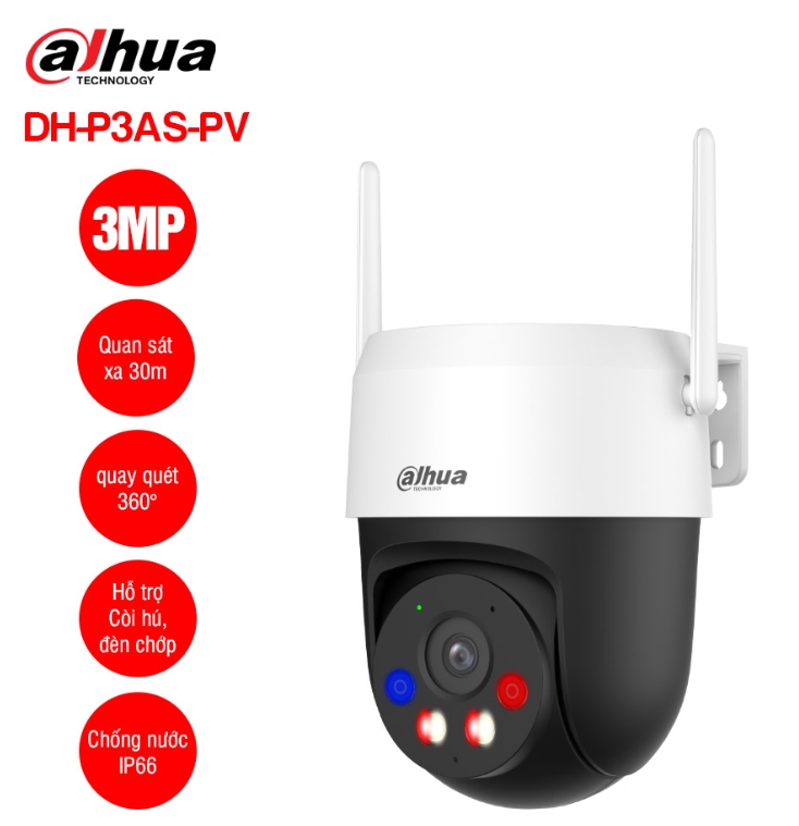 Camera Wifi quay quét 3MP DAHUA DH-P3AS-PV | AI phát hiện người/phương tiện, tự động theo dõi chuyển động | Còi hú, đèn chớp xanh đỏ tăng cường răn đe | Wifi 6 băng tần kép, kết nối ổn định, tốc độ cao | Chống nước IP66, bền bỉ trong mọi thời tiết | Đàm thoại hai chiều, lưu trữ thẻ nhớ 256GB; 24T