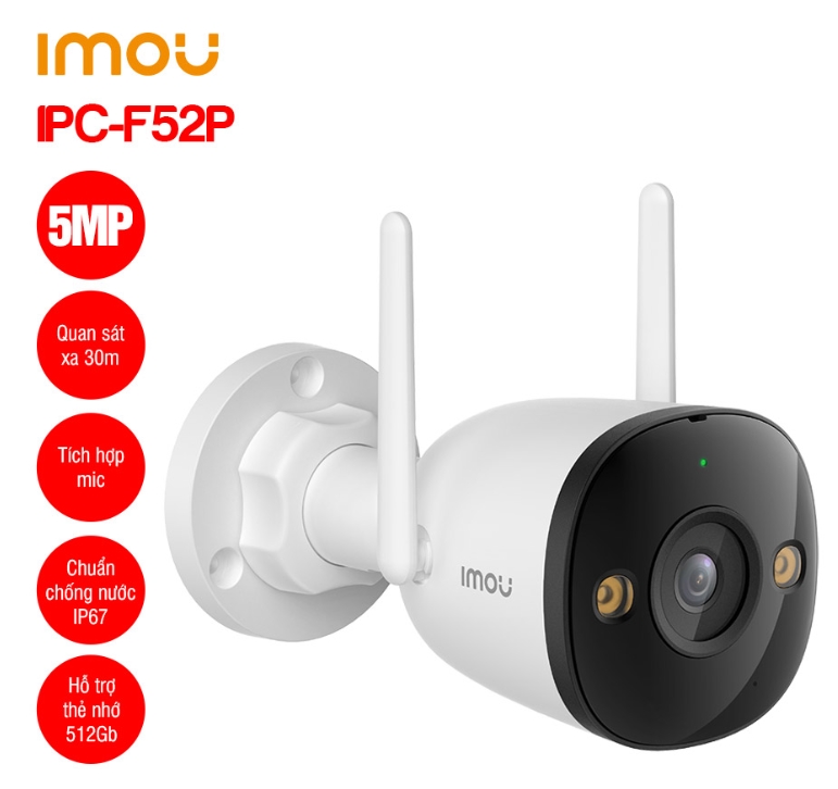 Camera Wifi ngoài trời 5MP IMOU IPC-F52P | Ống kính cố định 2.8mm cho góc nhìn 95°(H) | Tầm nhìn ban đêm 30m | Tích hợp mic | Hỗ trợ công nghệ thông minh: Phát hiện chuyển động, phát hiện con người | Hỗ trợ: LAN, CLOUD, ONVIF | Chuẩn chống nước IP67, chất liệu vỏ nhựa; 24T