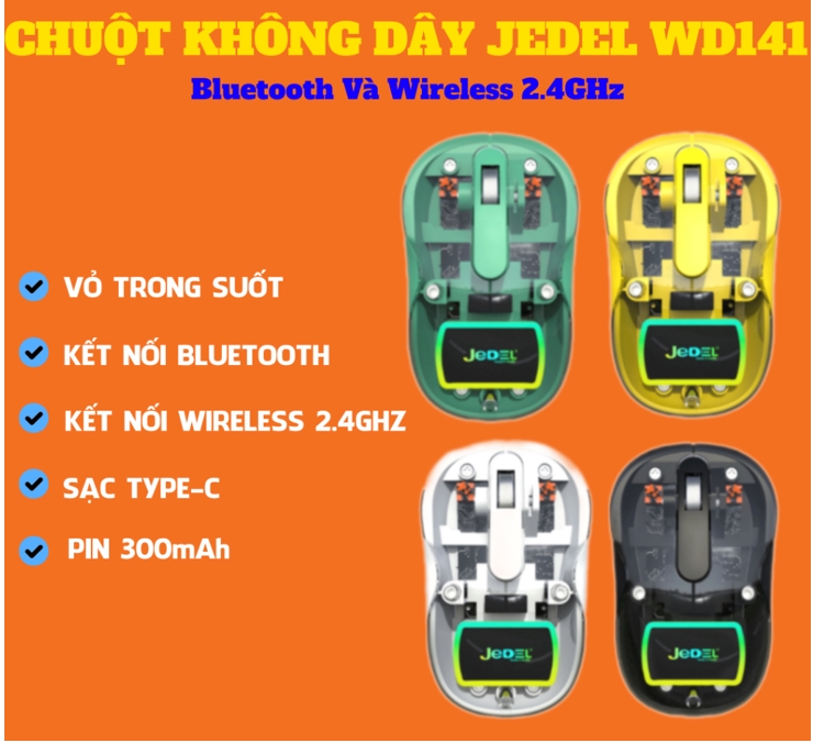 Chuột Không Dây Trong Suốt Jedel WD141 | màu trắng | Bluetooth Và Wireless 2.4GHz | DPI 1200 | Sạc Type-C | Đèn Logo RGB | Pin 300mAh; 12T