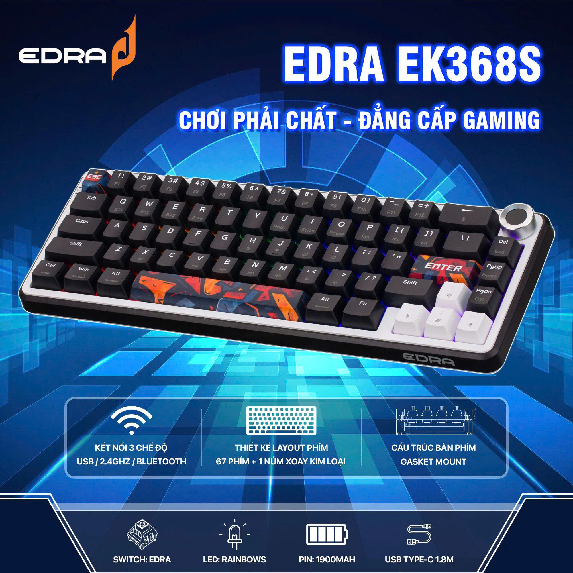 Bàn phím cơ  Kết nối: USB, 2.4Ghz, Bluetooth EDRA EK368S (Triple Mode) | Số lượng phím: 67 phím + 1 núm xoay kim loại | Màu sắc: Đen trắng | Cấu trúc: Gasket Mount | Cáp bàn phím: Type-C (1.8m PVC) | Keycaps: ABS Doubleshot | Led: Rainbow | Pin: 1900mah | Kích thước: 425 x 116 x 46 mm | Trọng lượng: 550g + 20g; 12T