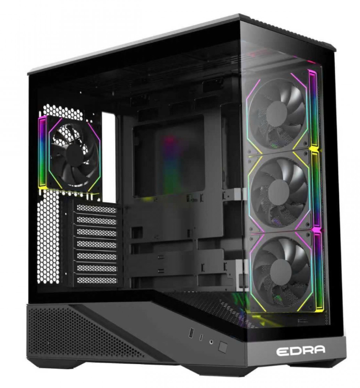 Vỏ máy tính ECS1508 - Edra | Màu: Đen | Cổng kết nối: 1xUSB 3.0 + 1xType-C + 1xAudio + 1xFan controller | Hỗ trợ tản nhiệt nước (Radiator): 360 mm | Hỗ trợ VGA tối đa: 420 mm | Số khay ổ cứng: 1xHDD + 1xSSD | Hỗ trợ  quạt (Fan): 8 quạt 120 mm (3 nóc, 1 sau, 1 dưới, 3 mainboard) | Kích thước: 446 x 235 x 460 mm; 12T