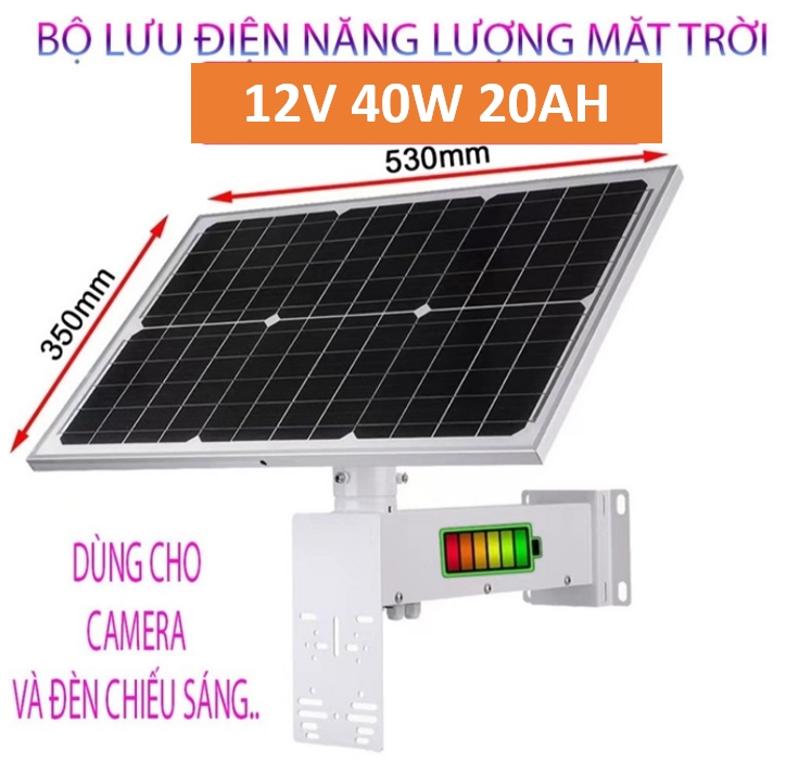 >=5 -30K | Tấm Pin Nặng lượng mặt trời - Solar Panel for Camera 12V 40W | LT-40W20AH | Công suất tấm pin: 40W | Pin lưu trữ Pin lithium sạc | Dung lượng pin: 20Ah | Điện áp pin: 12V | Điện áp đầu ra: DC12V | Có công tắc nguồn và hiển thị múc pin | Chất liệu vỏ: Kim loại | Điều kiện sử dụng Ngoài trời | FV; 12T