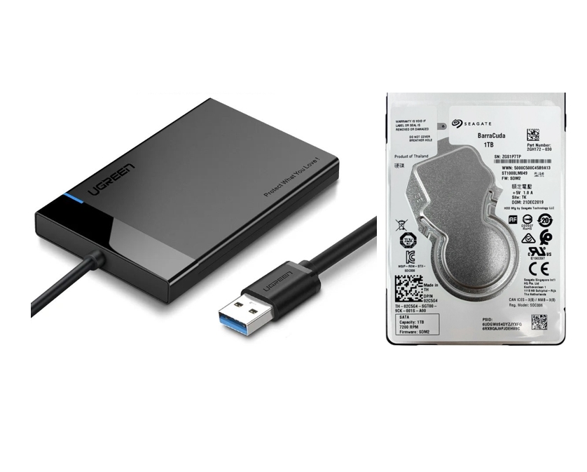 Box ổ cứng di động 01TB lắp ráp | Box hiệu Ugreen + Hdd 2.5 sata hiệu Seagate | Hỗ trợ SATA 3.0 (6Gbps) tương thích với SATA 2.0 / SATA 1.0 | Kích thước: L128.5xW82xH14(mm) | Tiêu chuẩn USB3.1 Gen2; Tốc độ lên đến 10 Gbps | Dây cáp USB-C 3.1 đến A+C: Chiều dài 50cm | KoV; 12T