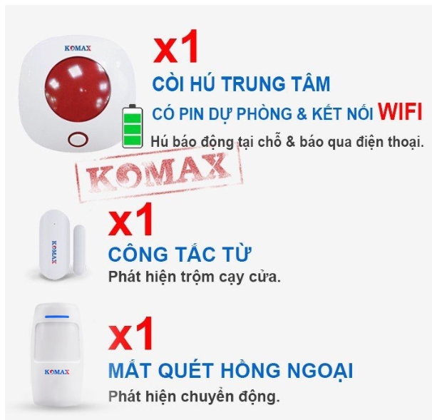 Bộ chống trộm không dây Komax KM-T70 | Có pin | App: Smart Life | Gồm 1 còi vừa là trung tâm vừa là còi hú tần số 433 Mhz | Adapter 12V |  Khoảng cách truyền: 20 – 40m xuyên tường. | Trọng lượng còi: 200g. | FV | 12T
