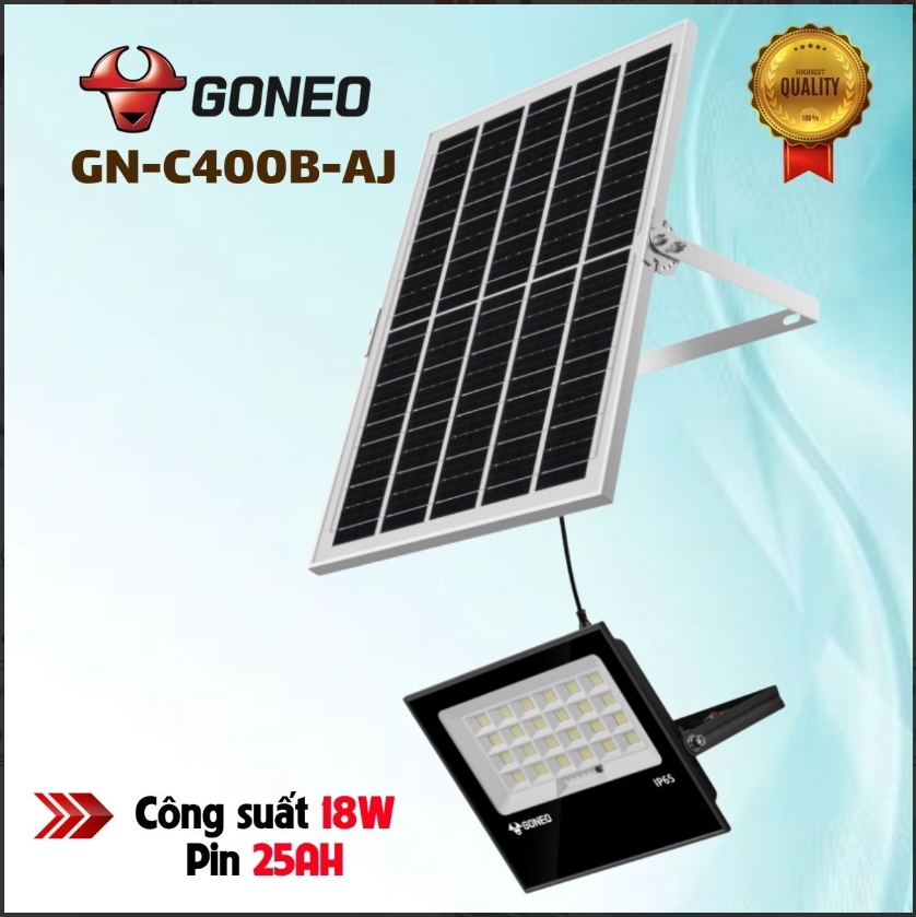 Đèn pha năng Năng Lượng Mặt Trời - GN-C400B-AJ hiệu GONEO | Công suất 400W, chiếu sáng diện rộng ngoài trời | Tự sạc ban ngày, tự sáng khi trời tối | Chống nước đạt chuẩn| | Lắp đặt độc lập, không cần kéo dây điện | Thiết kế góc xoay linh hoạt, dễ điều chỉnh hướng sáng | FV; 24T