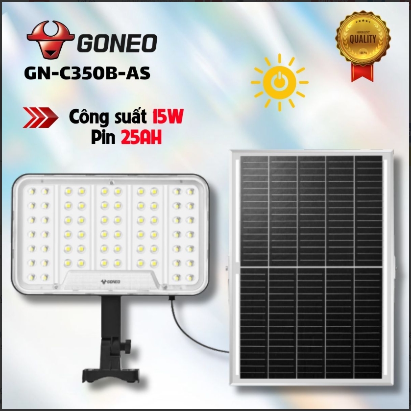 Đèn pha năng Năng Lượng Mặt Trời - GN-C350B-AS hiệu GONEO | Công suất thực 15W | Pin LiFePO4 20Ah, chiếu sáng liên tục trên 24 giờ | Tấm pin silicon đơn tinh thể 25W, sạc đầy trong 4 đến 6 giờ | 64 chip LED 5054, ánh sáng trắng 6500K rõ nét | Chuẩn chống nước IP65 | Vỏ ABS+PC, lắp đặt ở độ cao 5m | FV; 24T