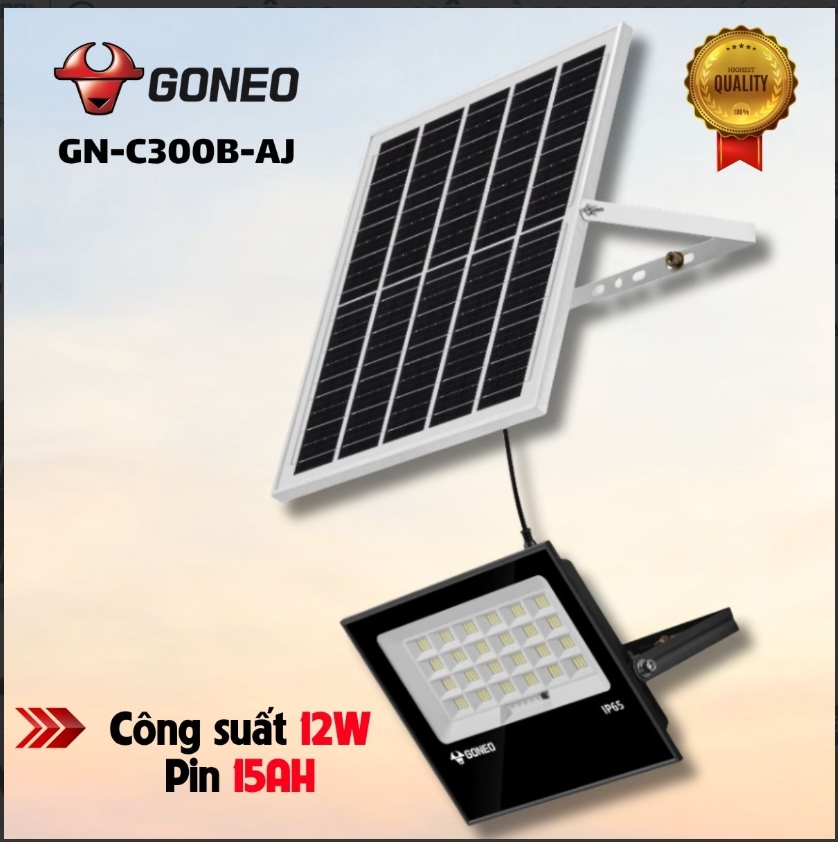 Đèn pha năng Năng Lượng Mặt Trời - GN-C300B-AJ hiệu GONEO | Đèn 12W thực, 1550lm, 130lm/W | Pin LiFePO4 15Ah: 2000 chu kỳ nạp xả, bền hơn pin thường | Vận hành hơn 24 giờ: đủ sáng qua đêm sau mỗi lần sạc | Tấm pin 18W silicon đơn tinh thể: hiệu suất hấp thu cao | IP65 + AB bền ngoài trời mọi thời tiết | FV; 24T
