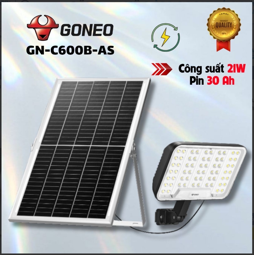 Đèn pha năng Năng Lượng Mặt Trời - GN-C600B-AS hiệu GONEO | Công suất thực 21W, quang thông 3100lm, hiệu suất 130lm/W | Tấm pin 36W, sạc đầy trong 4 đến 6 giờ nắng tốt | Pin lưu trữ 30Ah, chiếu sáng liên tục trên 24 giờ | Chuẩn chống bụi nước IP65, bền bỉ mọi thời tiết | Vỏ ABS+PC | FV; 24T