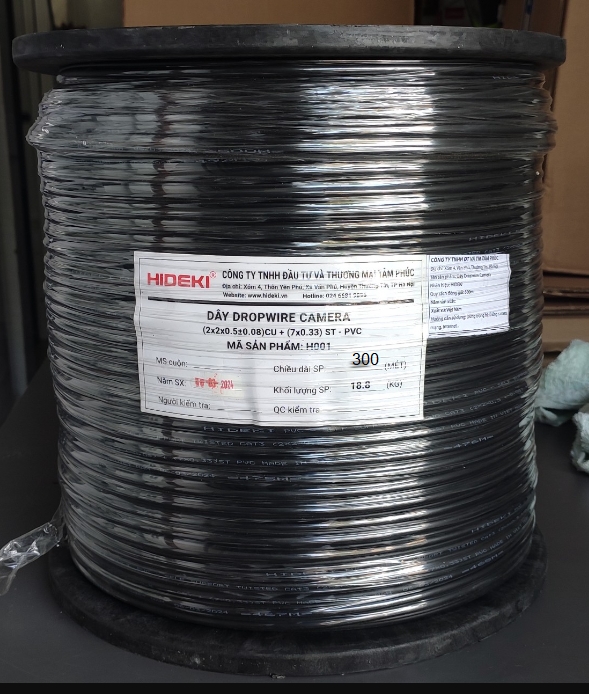 >=5 -10K | Cat3 | Dây Cáp Mạng 4 Lõi + thép treo hiệu Hideki | 300m | Lỗi Đồng  0.40 mm nguyên chất | Dây cường lực thép 7x0.33 độ bền cao, Chịu lực tốt | Nhựa mới PVC | Màu đen | Truyền tín hiệu camera -  Internet – và các thiết bị liên quan | Độ dài cuộn: 300 mét | Made In Việt Nam | FV