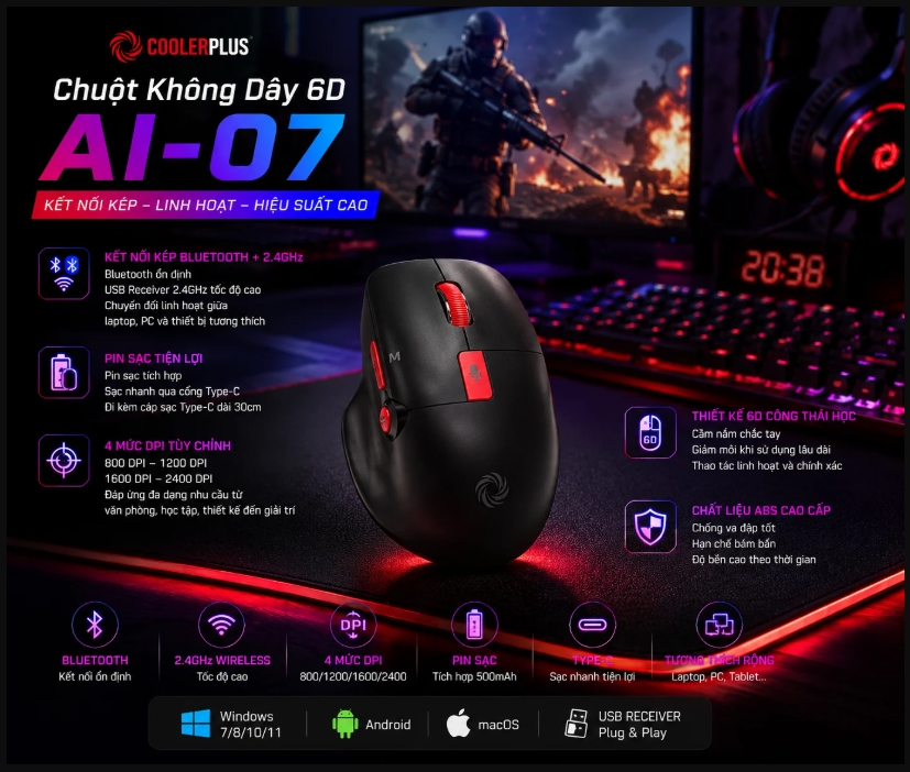 Chuột máy tính không dây Coolerplus AI-07 | Kết nối Bluetooth + Wireless 2.4GHz | DPI 800 / 1200 / 1600 / 2400 | Cổng sạc USB Type-C | Chức năng chính: Đánh văn bản bằng giọng nói siêu tốc, Mở nhanh và Chat GPT bằng giọng nói thuận tiện, Dịch giọng nói ra văn bản, Tìm kiếm Google; 12T
