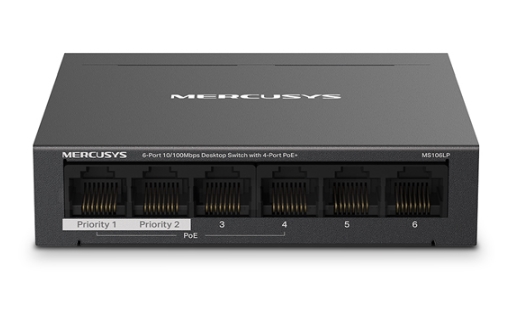 Hup Poe 4 port - Thiết bị chuyên mạch MS106LP, hiệu MERCUSYS | 4 port poe 100 +2 port Uplink 100; 24T