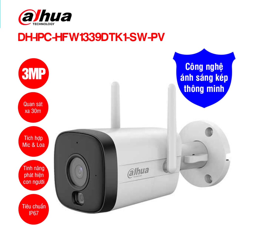 Camera IP Wifi DAHUA DH-IPC-HFW1339DTK1-SW-PV 3MP/  Hồng ngoại và White Light: 30m/ Phát hiện con người (Human Detection), Phát hiện phương tiện (Vehicle Detection)/ Có mic và loa, hỗ trợ đàm thoại 2 chiều, cảnh báo chủ động; 24T