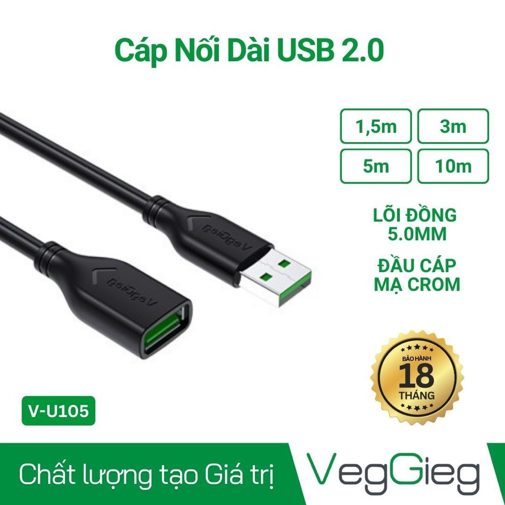 Cáp USB Nối Dài 2.0 VegGieg 1.5M V-U105; 12T Full Vat