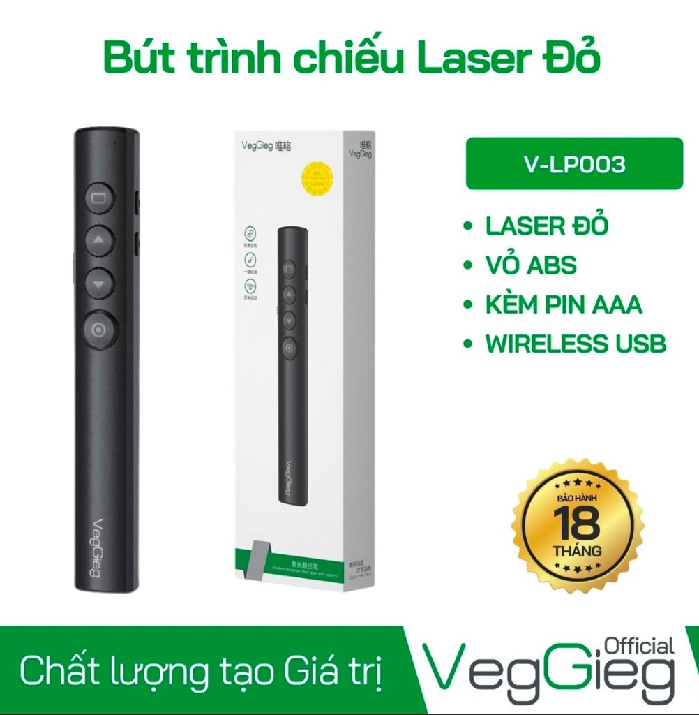 Bút trình chiếu VEGGIEG Laser đỏ kèm pin, chiếu xa 200m V-LP003; 18T Full VAT
