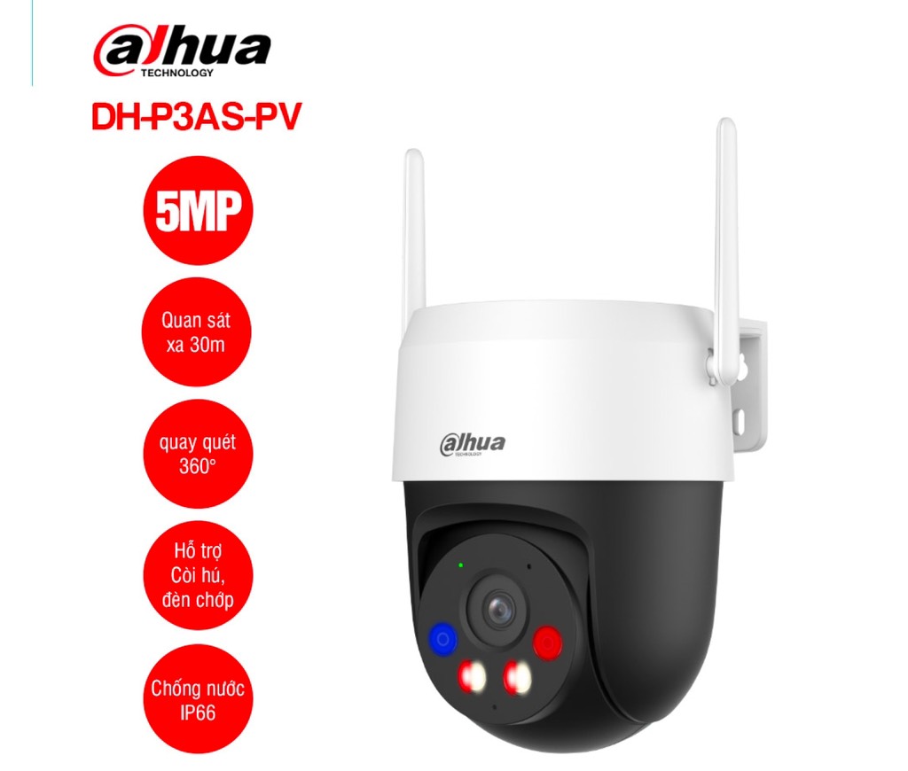 Camera Wifi quay quét 5MP DAHUA DH-P5AS-PV | Phát hiện người/phương tiện, tự động theo dõi chuyển động | Còi hú, đèn chớp xanh đỏ tăng cường răn đe xâm nhập | Wifi 6 băng tần kép, kết nối nhanh, ổn định |  Đàm thoại hai chiều, lưu trữ thẻ nhớ 256GB; 24T