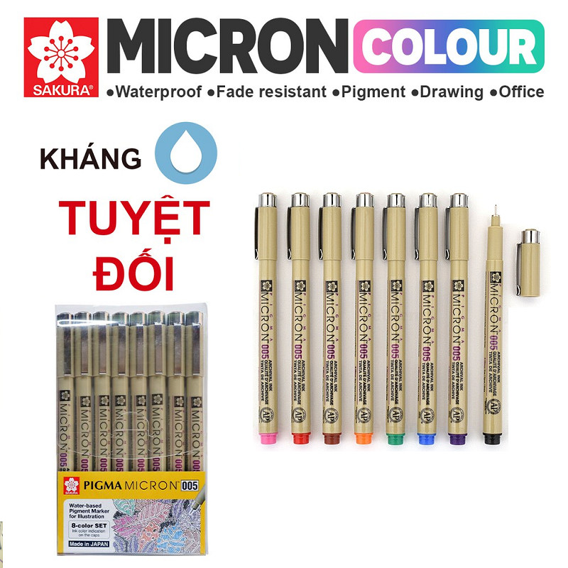 Set 8 Bút kim màu đi nét chuyên nghiệp Sakura Pigma Micron cỡ 005