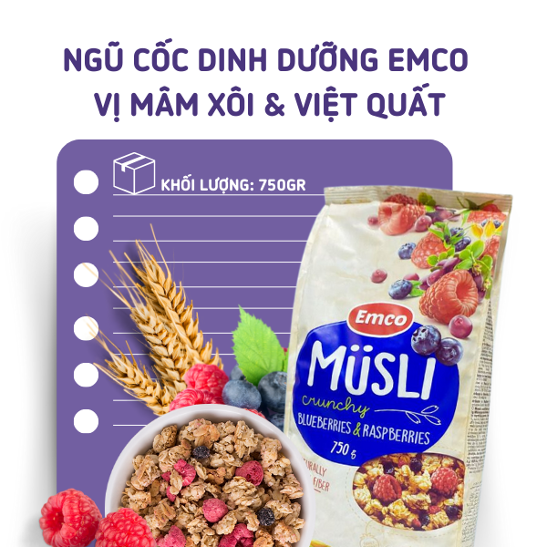 Ngũ cốc Emco vị việt quất và mâm xôi túi 750gr