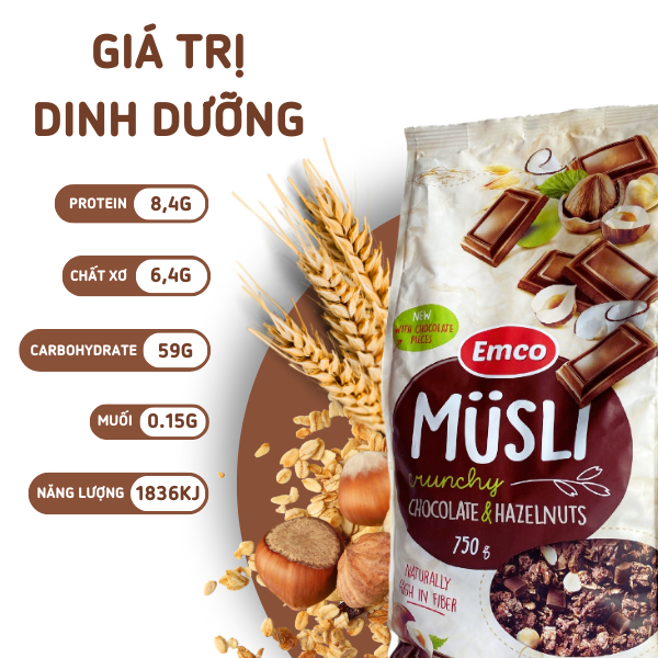 Ngũ cốc Emco vị socola và hạt phỉ túi 750gr