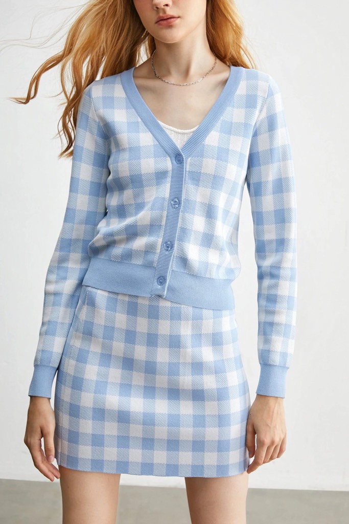 Ophelia Pink Checkered Cardigan - LightSkyBlue