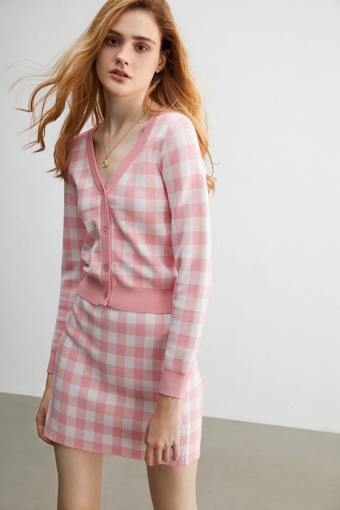 Ophelia Pink Checkered Cardigan - LightSkyBlue