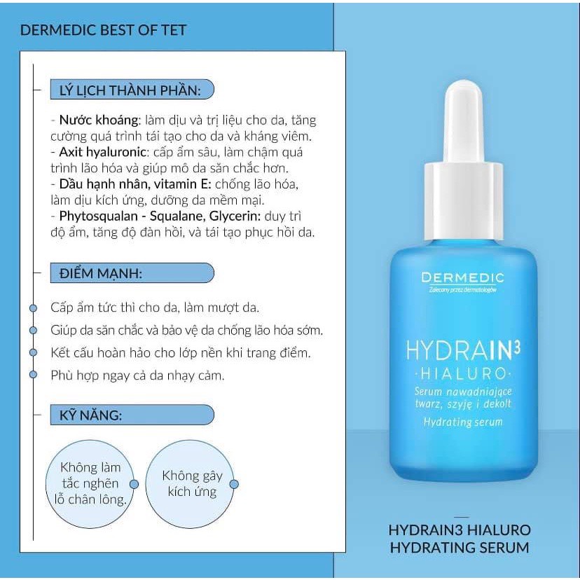 Serum cấp ẩm dành cho da khô, mất nước DERMEDIC HYDRAIN3 HIALURO