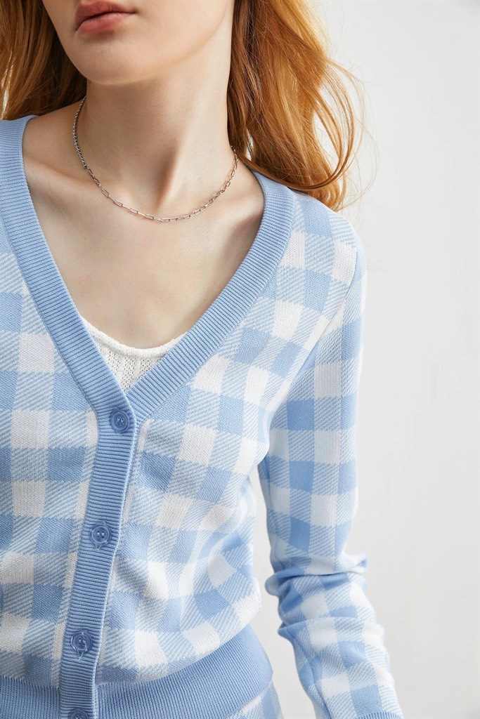 Ophelia Pink Checkered Cardigan - LightSkyBlue