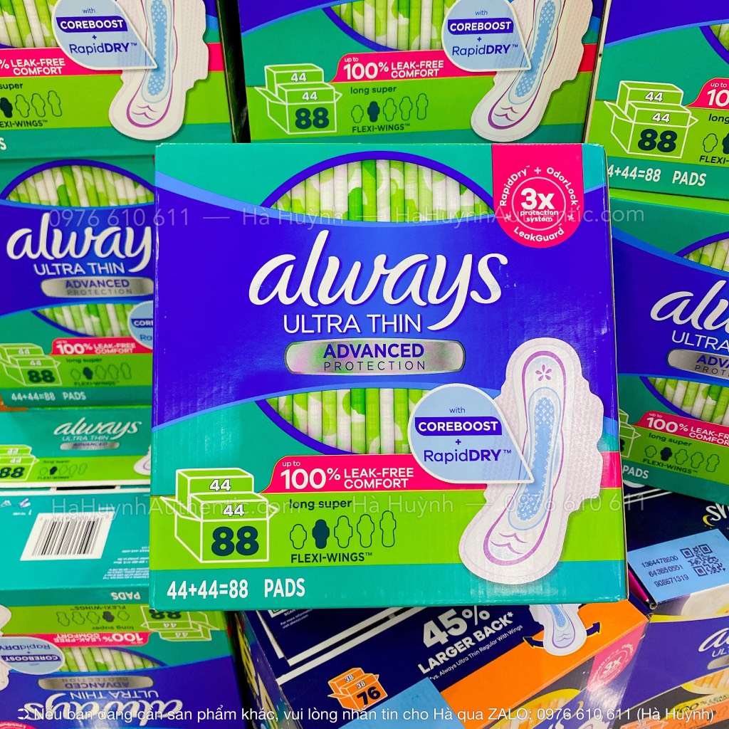 Băng vệ sinh ALWAYS Ultra Thin (siêu mỏng, thấm hút tốt, kháng khuẩn khử mùi cực đỉnh) - Hàng nhập Mỹ