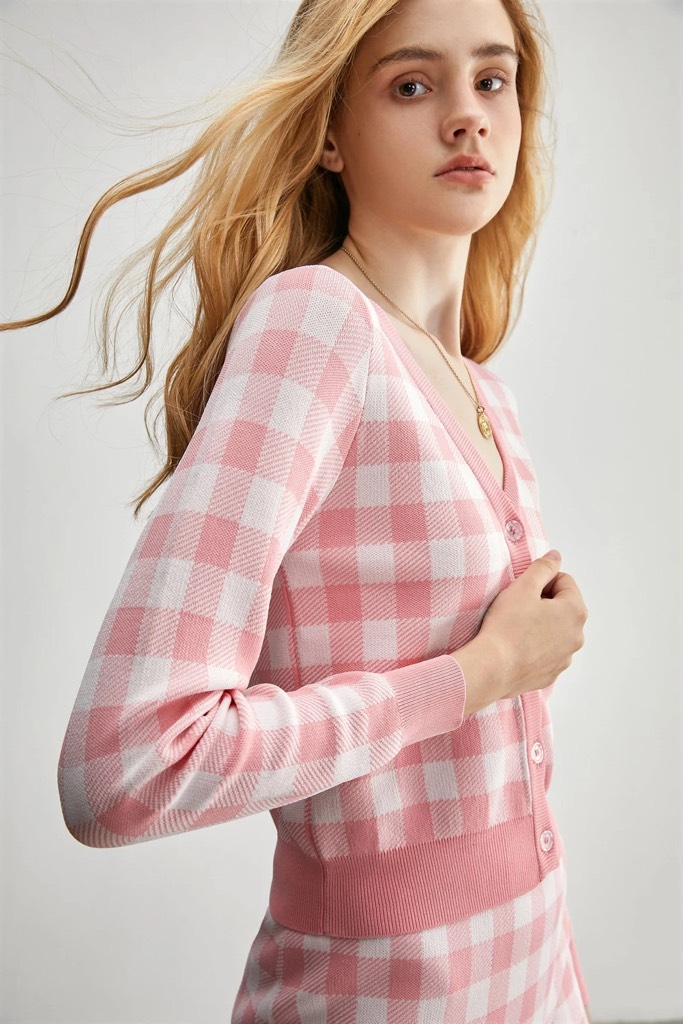 Ophelia Pink Checkered Cardigan - LightSkyBlue