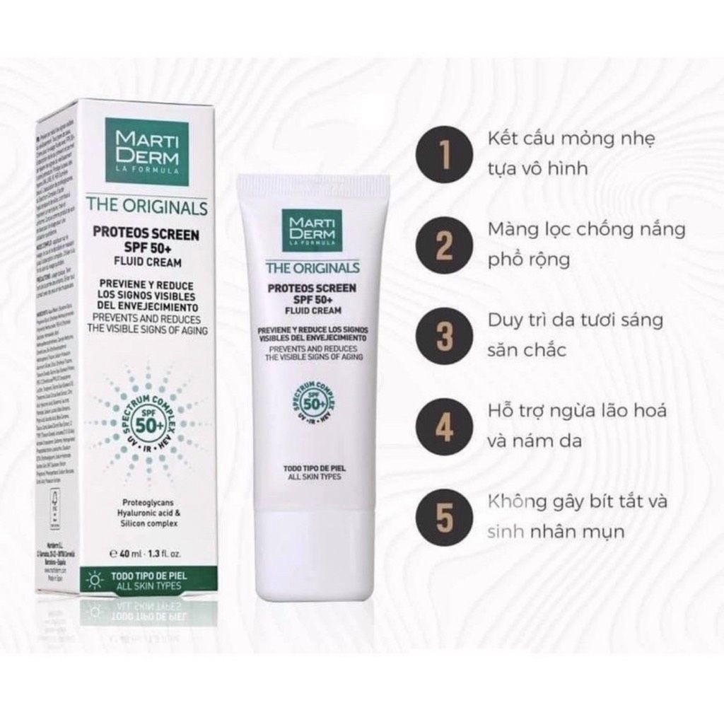 Kem chống nắng phổ rộng, chống lão hoá, ngăn ngừa nám MartiDerm The Originals Proteos Screen SPF50+ Fluid Cream