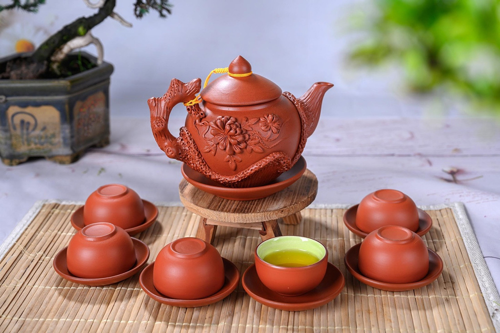 Ấm Chén Tử Sa Đắp Hoa Phù Dung