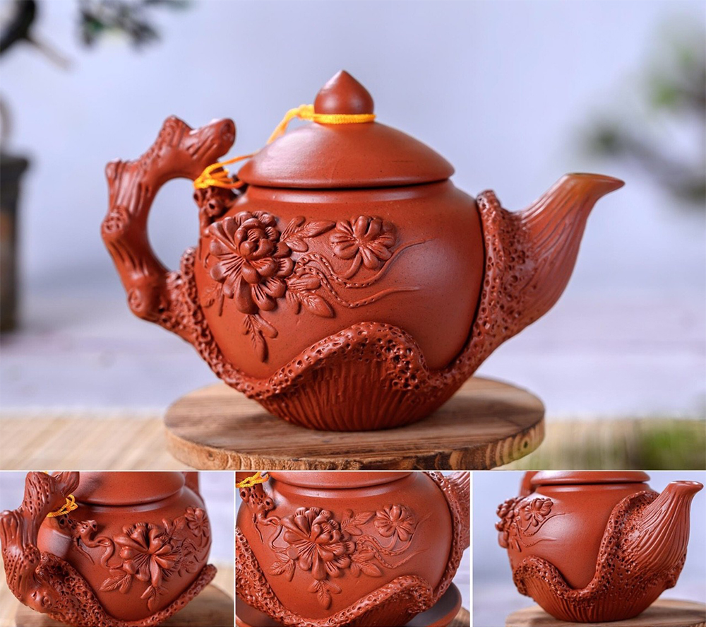 Ấm Chén Tử Sa Đắp Hoa Phù Dung