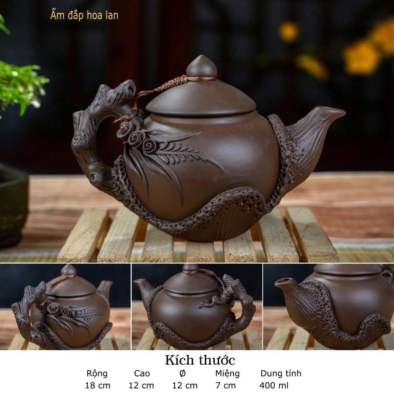 Ấm Chén Tử Sa Đắp Hoa Lan