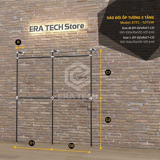 Sào treo quần áo đôi 2 tầng Kệ tường KT0622-KN25 ( D2000 x C2400 x S300mm)