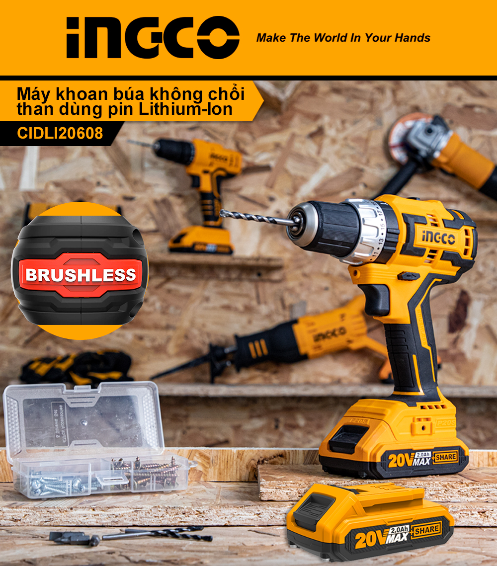 Máy khoan búa dùng pin Lithium INGCO CIDLI20608 20V
