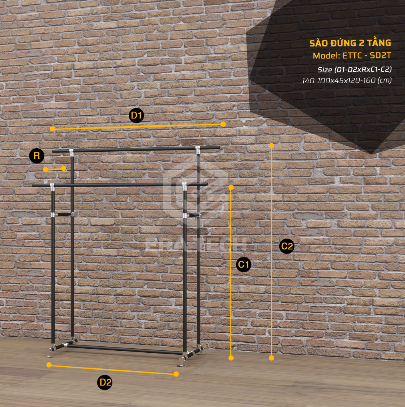 Sào treo quần áo đôi lệch tầng KD0722-KN25 (D1200 x C1600 - S600mm)