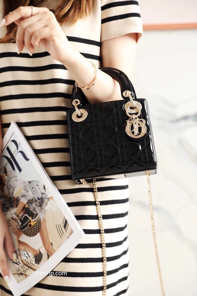 MINI LADY DIOR BAG Black Patent Cannage Calfskin