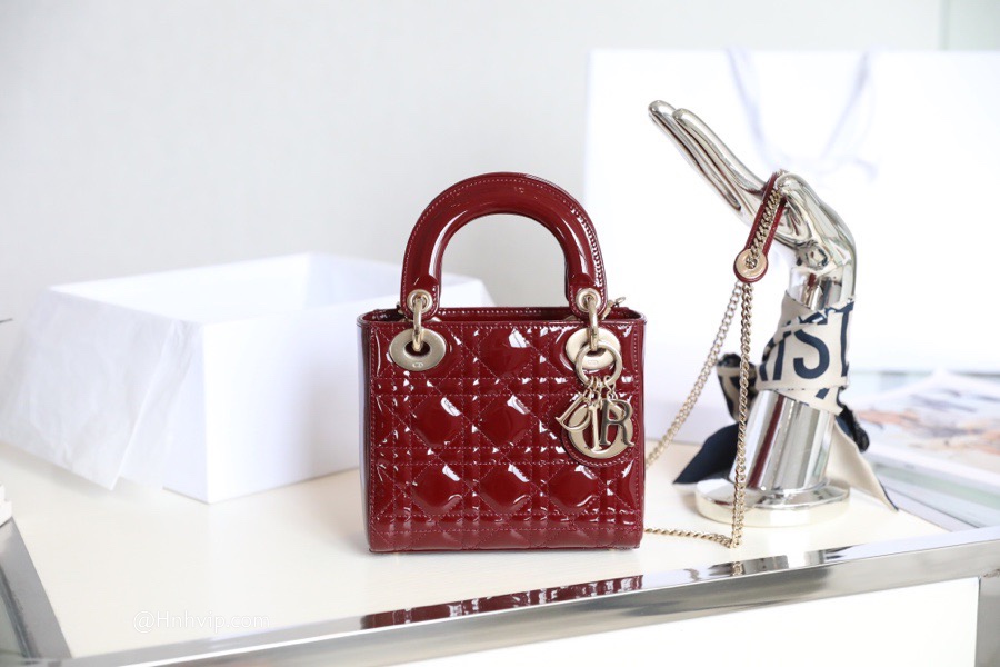 MINI LADY DIOR BAG Brick Red Patent Cannage Calfskin