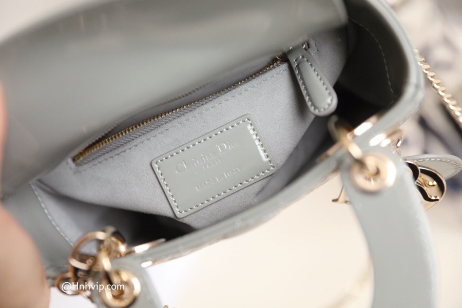 MINI LADY DIOR BAG Gray Patent Cannage Calfskin